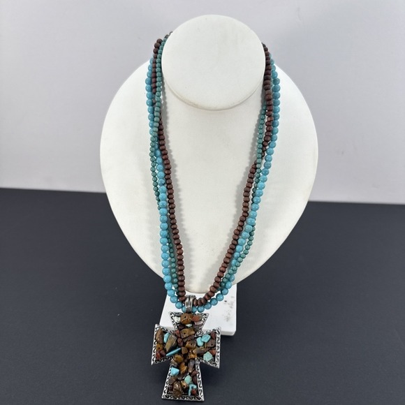 Jewelry - Vintage Southwestern Cross Pendant Necklace Turquoise Tiger Eye Jasper Stones